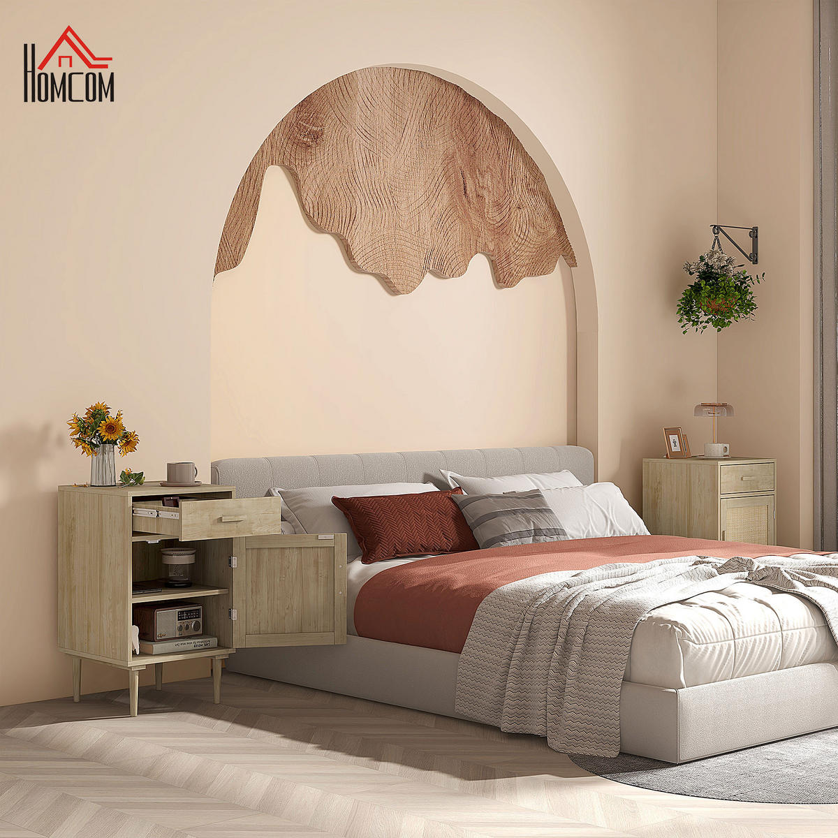 NACHTSCHRANK DE-12831 Schublade und Rattantür Natur - Naturfarben, Holzwerkstoff (40/68.5/40cm) - ComfortXL