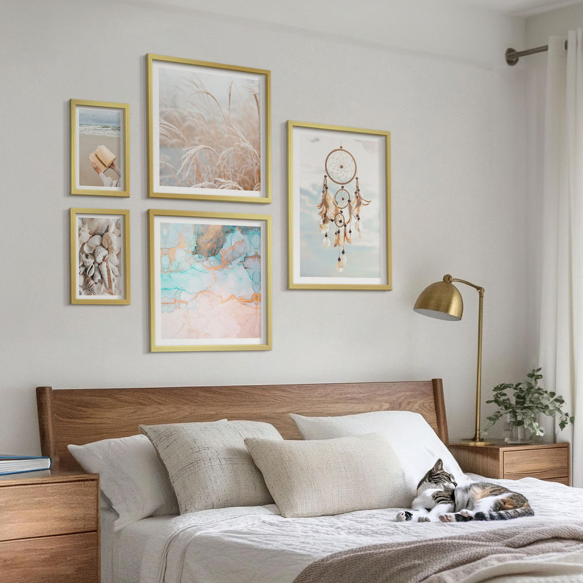 WANDBILDER 5er Set - 50x50 cm & 20x30 cm & 40x60 cm Goldrahmen - Stadtansichten, Brücken, Eiffelturm, Auto - Goldfarben, Kunststoff (40/60cm) - ArtPrintCave