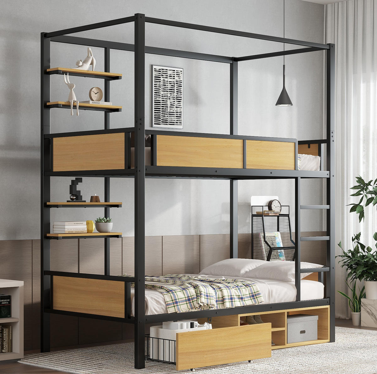 ETAGENBETT 90/200 cm Schwarz Natur mit Ablageboard und Schubladen ohne Matratze - Schwarz, Metall (90/200cm) - MIVRAY