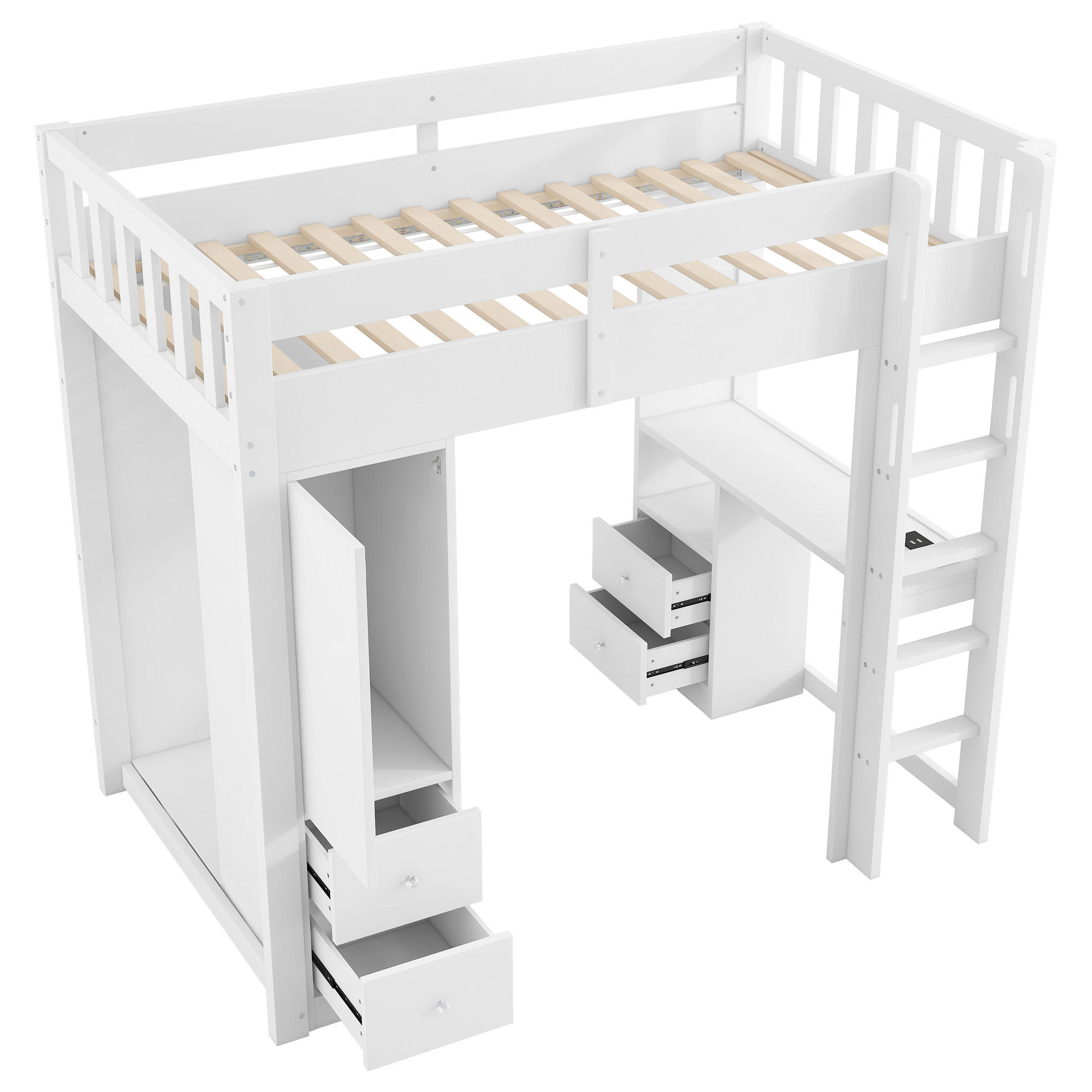 HOCHBETT 90/200 cm DE-03345, mit 4 Schubladen, Stauraumschrank, Schreibtisch und LED, in Weiß - Weiß, Holz/Holzwerkstoff (90/200cm) - ComfortXL