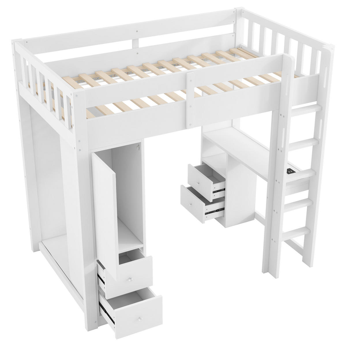 HOCHBETT 90/200 cm in Weiß mit 4 Schubladen, Schreibtisch, LED und USB - Weiß, Holzwerkstoff (90/200cm) - STILVORA