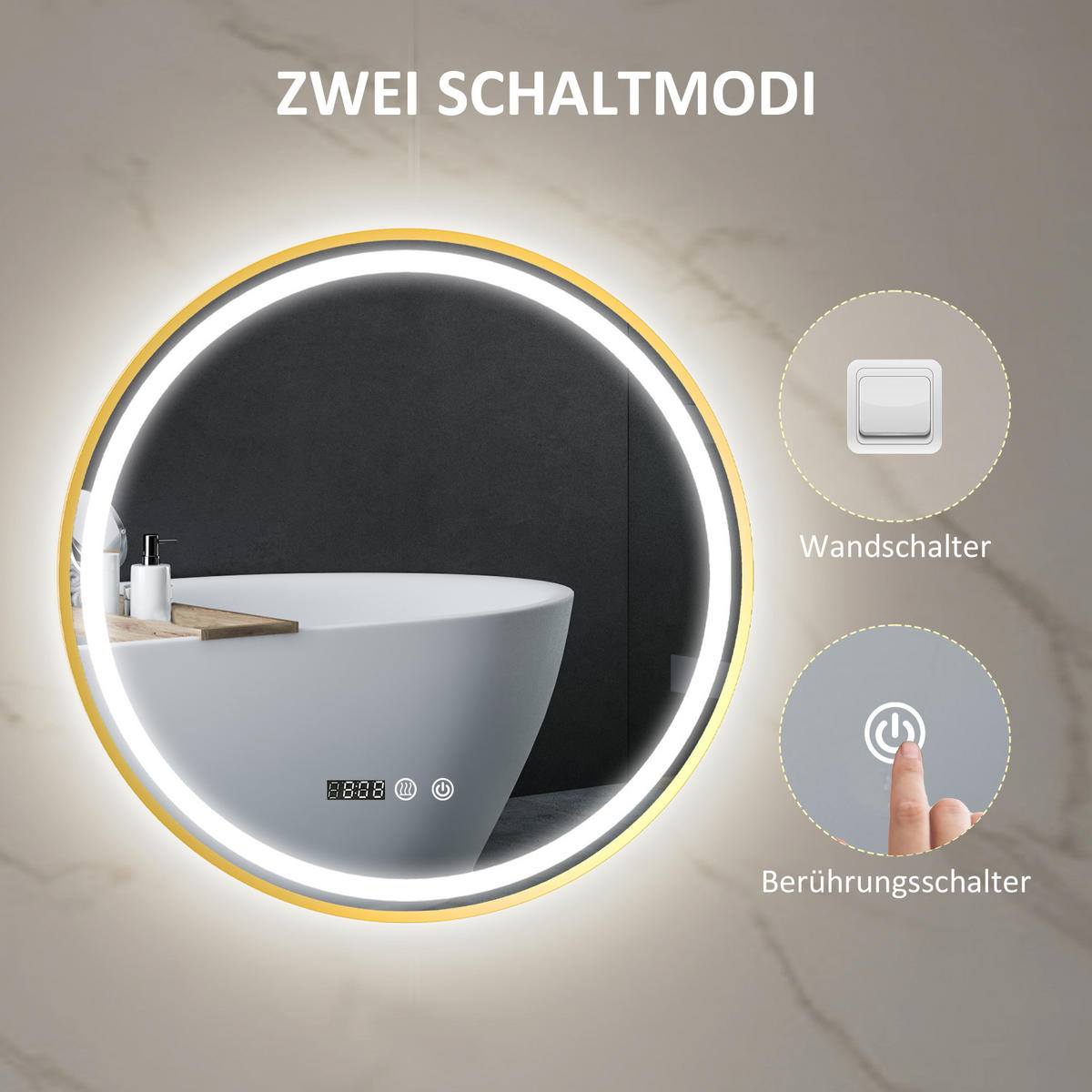 ROUNDER Badspiegel mit Beleuchtung 60 cm LED Spiegel mit Touchschalter Gold - Goldfarben, Glas (3.5/60/60cm) - HOMCOM