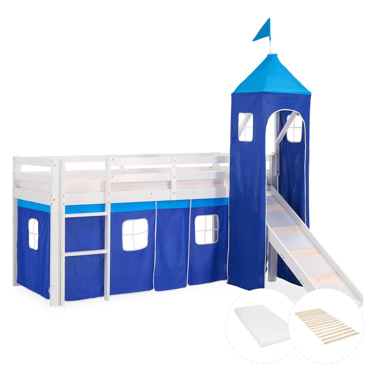 HOCHBETT 90/200 in Blau mit Lattenrost + Matratze - Blau/Weiß, Holz - Homestyle4u