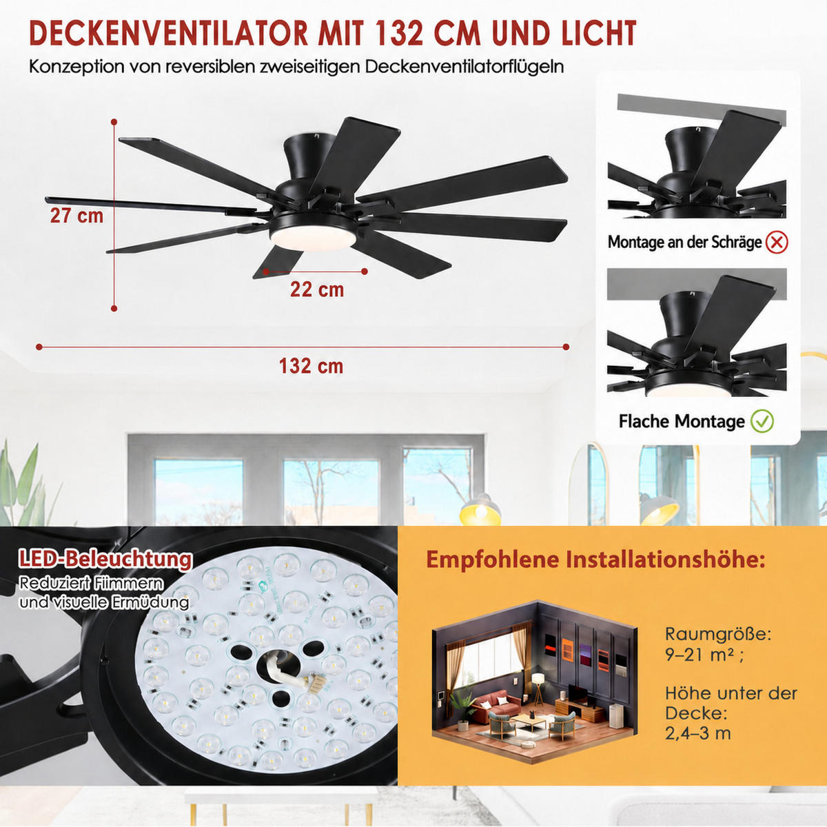 DECKENVENTILATOR Schwarz 132 cm mit 8 Flügeln LED und leisem DC-Motor - Schwarz, Metall (132/132/27cm) - Surtime