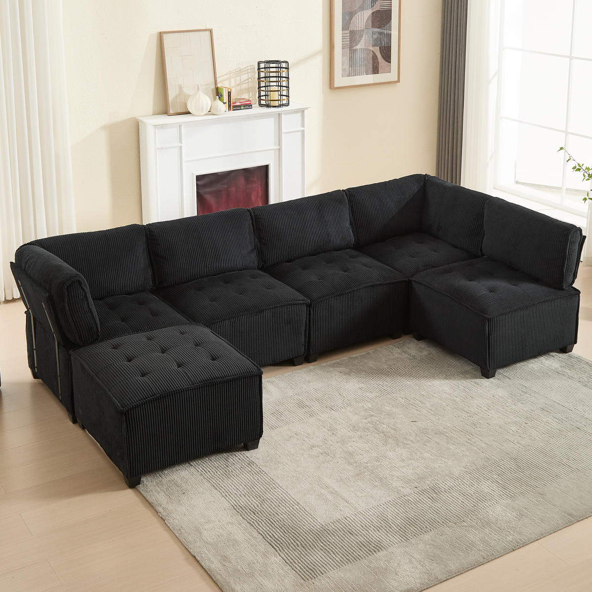 WOHNLANDSCHAFT 308/154/82 cm Schwarz mit Stauraumtaschen und Fußbank - Schwarz, Textil (308/82/154cm) - Oxeza