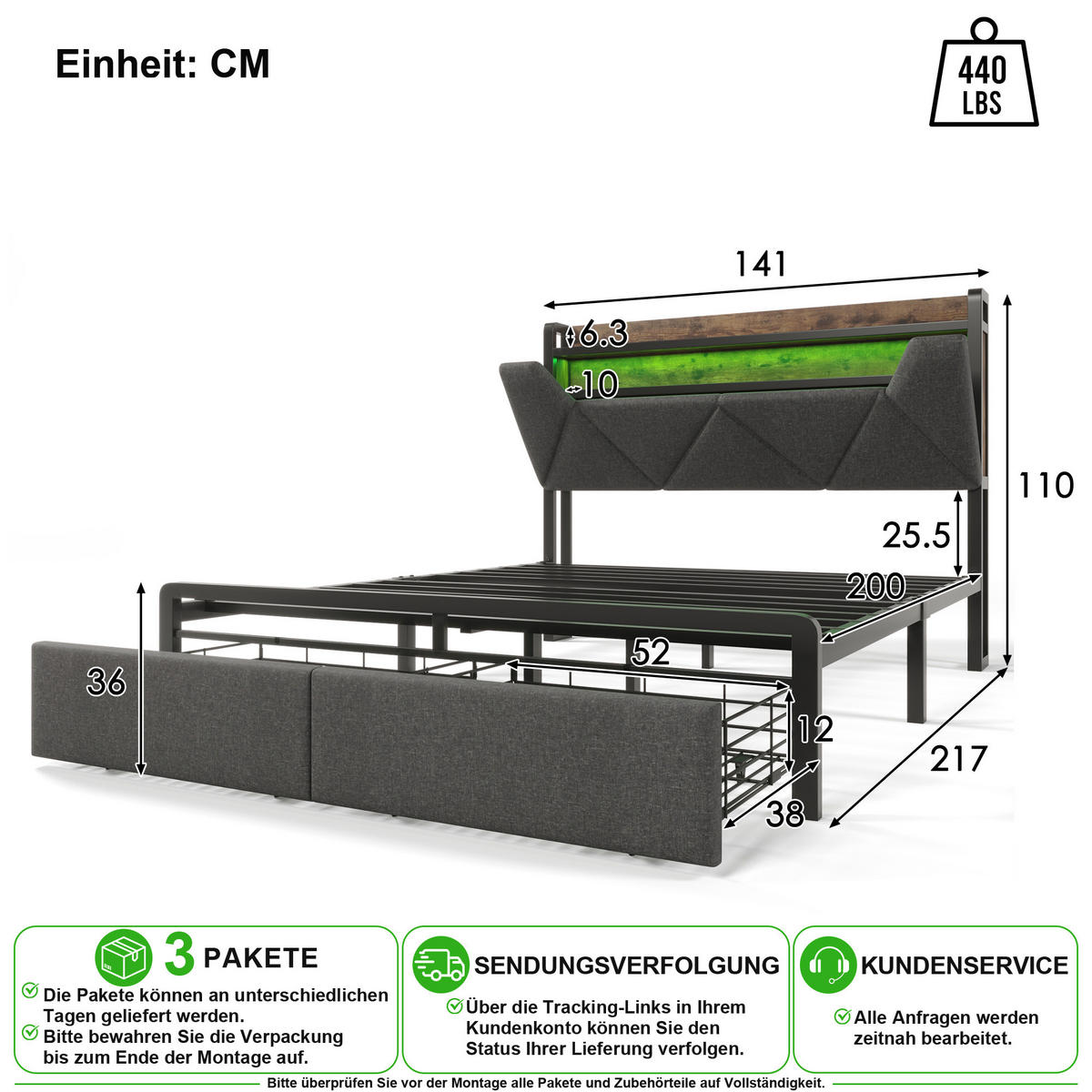 POLSTERBETT 140/200 cm in Grau Leinen mit Stauraum-Kopfteil, USB, 2 Schubladen und Matratze - Grau, Holzwerkstoff/Textil (140/200cm) - CHICFURN
