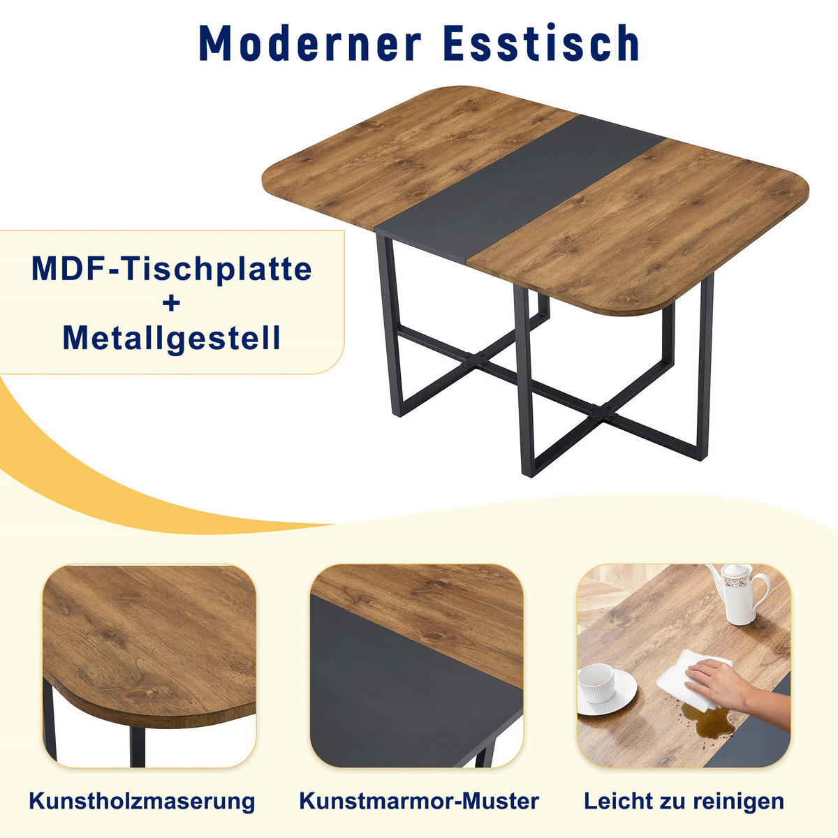 ESSGRUPPE DE-39495 ausziehbar, mit 4 Stühlen und Metallgestell Holzoptik/Schwarz - Schwarz/Naturfarben, Holzwerkstoff (150/79/100cm) - ComfortXL