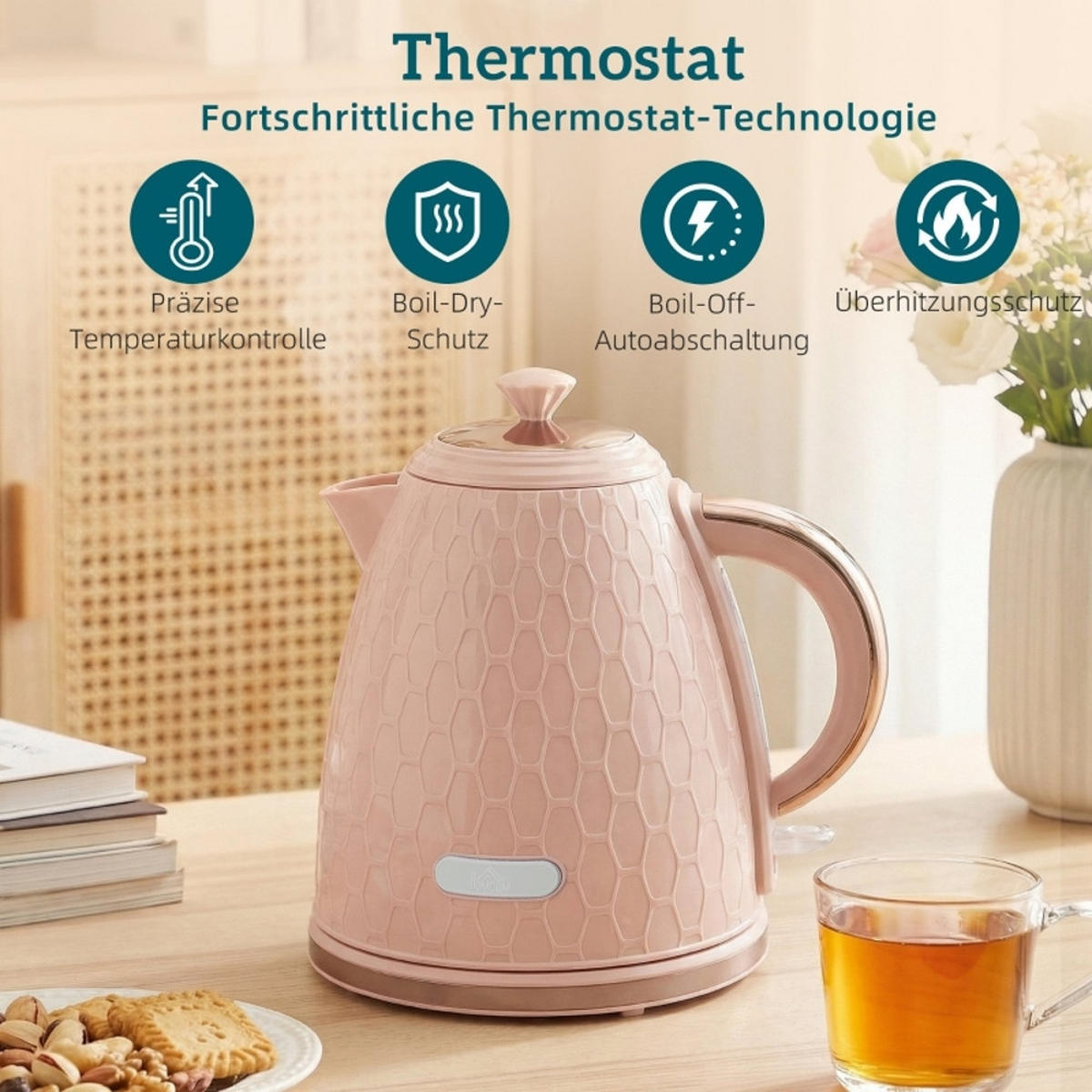 WASSERKOCHER-TOASTER SET Rosa Geriffelt 1,7 L 2200W - Pink, Kunststoff (19.5/23.4/24.2cm) - Rolipo