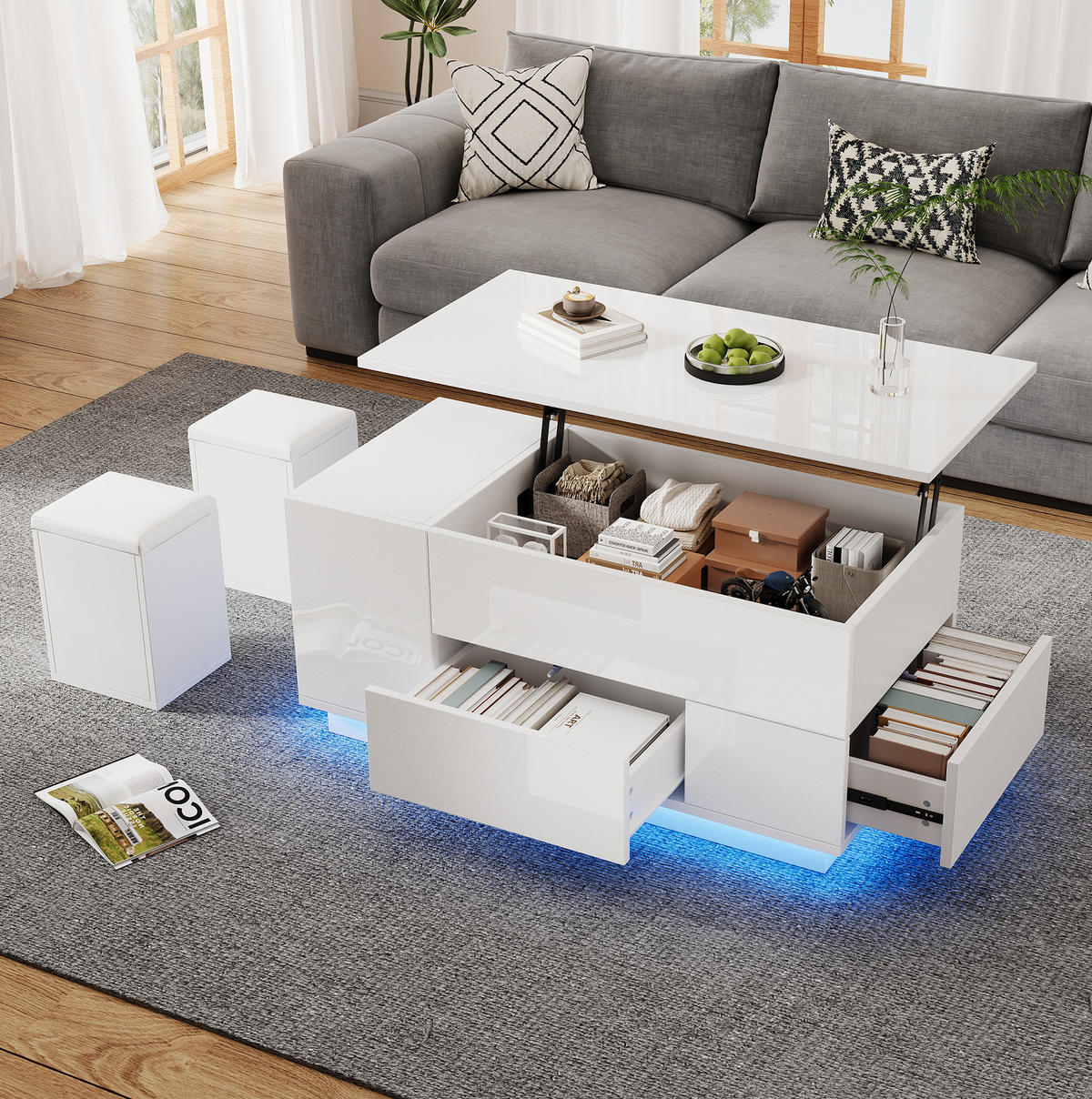 COUCHTISCH 100/50/45 cm Weiß aus Spanplatte höhenverstellbar mit LED - Weiß, Holzwerkstoff (100/50/45cm) - OKMYHOME