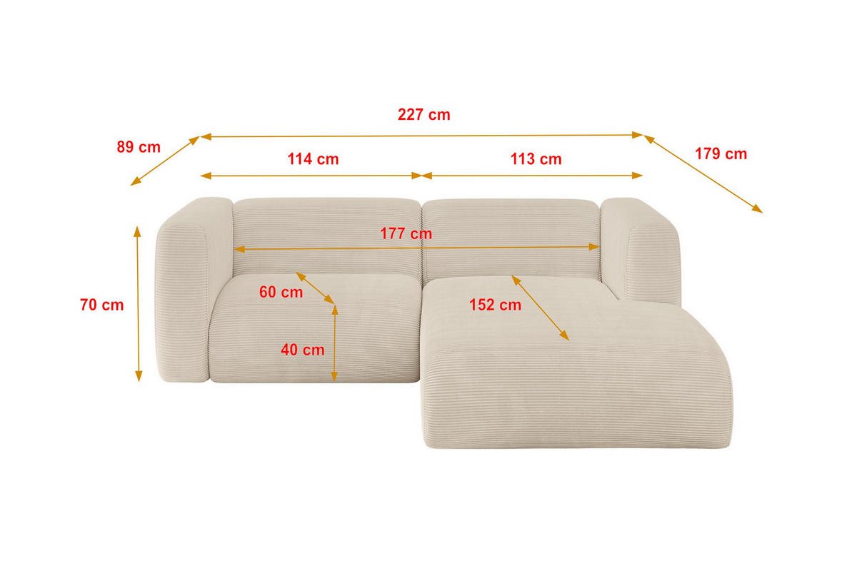 ECKSOFA Ottomane Rechts MIRA-L1 227x179x89 Beige Cord - Sandfarben/Beige, Holzwerkstoff/Kunststoff (227/179cm) - ALTDECOR