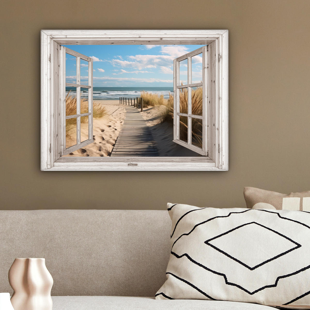 LEINWANDBILD Fenster - Meer - Küste - Natur - Ausblick - Strand - Wattenmeer 40x30 cm - Beige, Textil (40/30cm) - MuchoWow