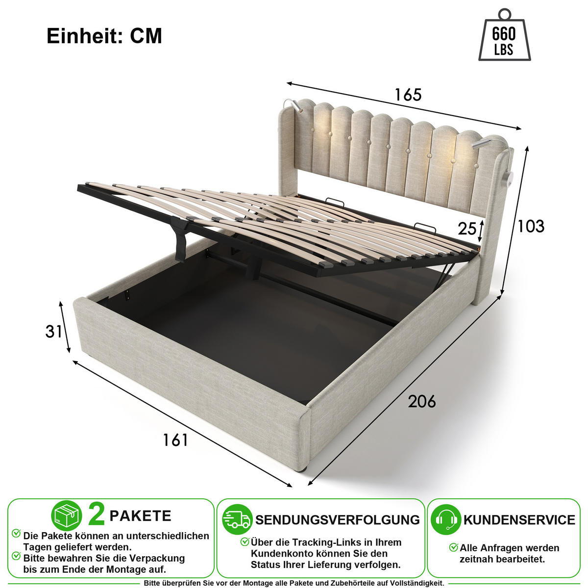 ČALOUNĚNÁ POSTEL 160/200 cm v přírodní lněné látce s úložným prostorem, lampičkou a USB - přírodní, kov/kompozitní dřevo (160/200cm) - CHICFURN