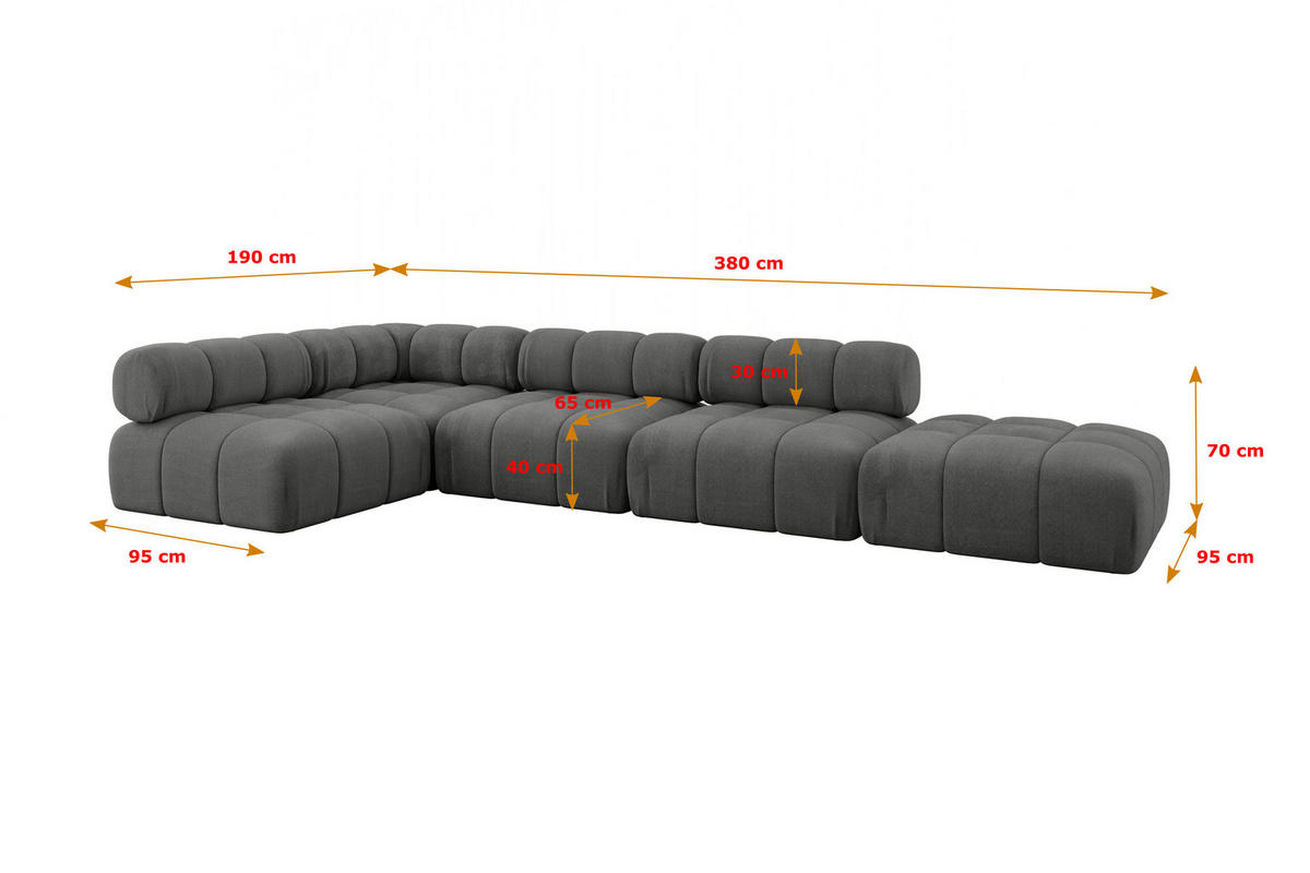 ECKSOFA modulares Sofa Favio-L2 - 380x190x70 cm Dunkelgrau Velours - Dunkelgrau, Holzwerkstoff/Textil (380/190cm) - ALTDECOR