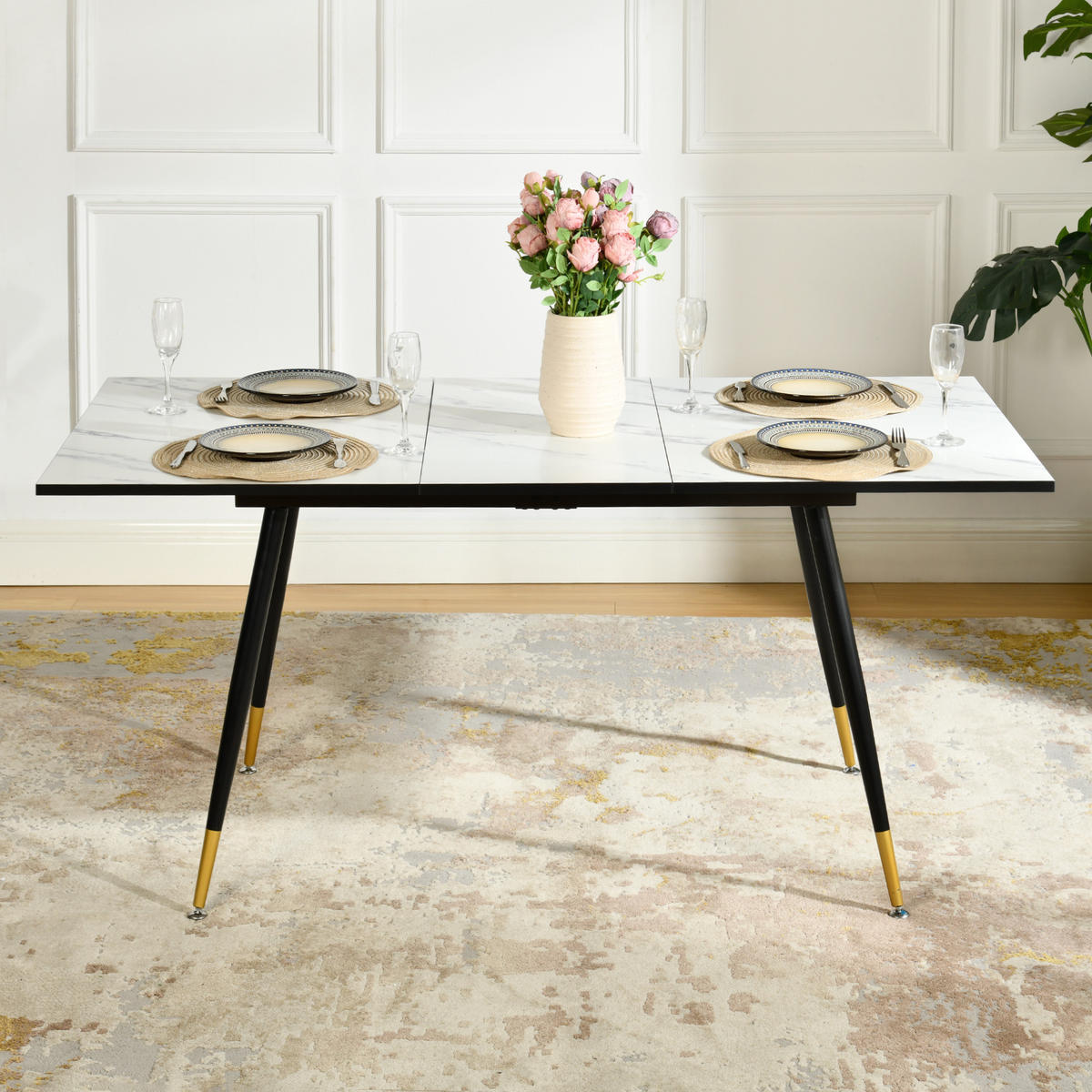 ESSTISCH Weiß Marmormuster rechteckig ausziehbar 120-160/80/75cm - Schwarz/Weiß, Holz/Metall (80/120/75cm) - Urban Meuble