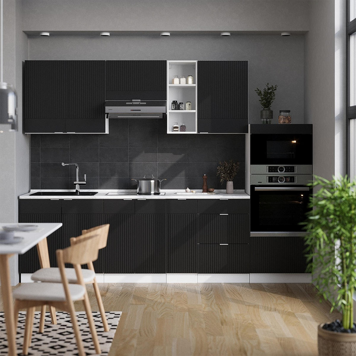 KUHINJSKI BLOK Fame-Line Črna črtasta/bela 280 cm , DP Antracit - črna/bela, leseni material (280/153.6/60cm) - Vicco