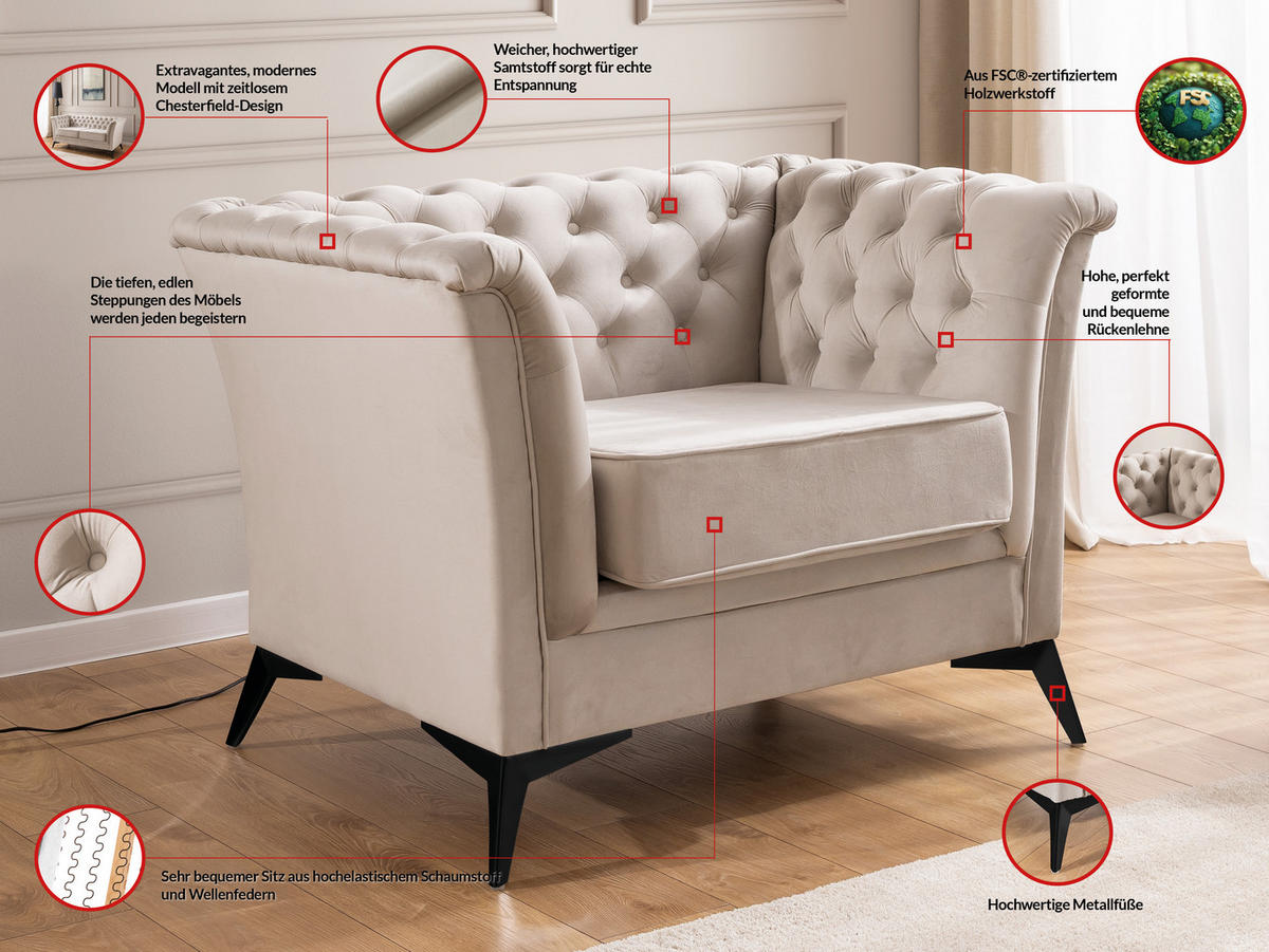 CHESTERFIELD-SESSEL Whitby Beige Samt mit schwarzen Füßen - Beige/Schwarz, Holz/Textil (116/78/82cm) - S-Style Möbel
