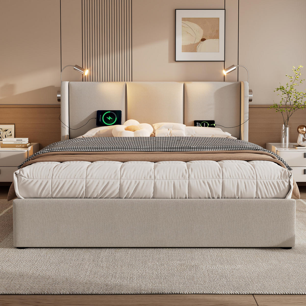 BETT mit Bettkasten 180x200 cm Leinen Beige 2xUSB - Beige, Metall (180/200cm) - Meubliv