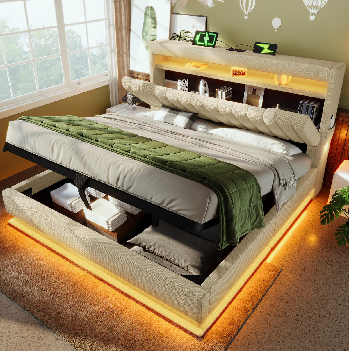 POLSTERBETT 160/200 cm Beige aus Leinen mit LED und Stauraum - Beige, Textil (160/200cm) - OKMYHOME