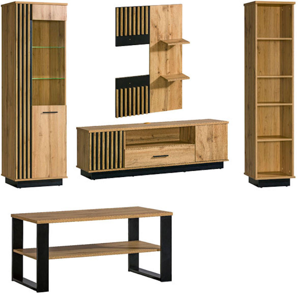 WOHNZIMMER-SET Lamia Wotan Eiche / schwarz 255 / 56 / 193cm 5-teilig - Eiche Wotan/Schwarz, Holz/Holzwerkstoff (255/193/56cm) - Feldmann-Wohnen
