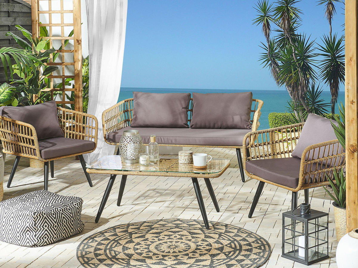 4-SITZER LOUNGE SET Rattan Beige Fobello - Beige, Kunststoff - Beliani