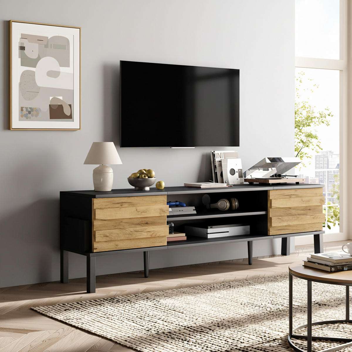 TV-LOWBOARD holzwerkstoff schwarz & holz-optik für tvs bis 70 zoll - Schwarz, Holzwerkstoff (175/53/39.5cm) - Urban Meuble