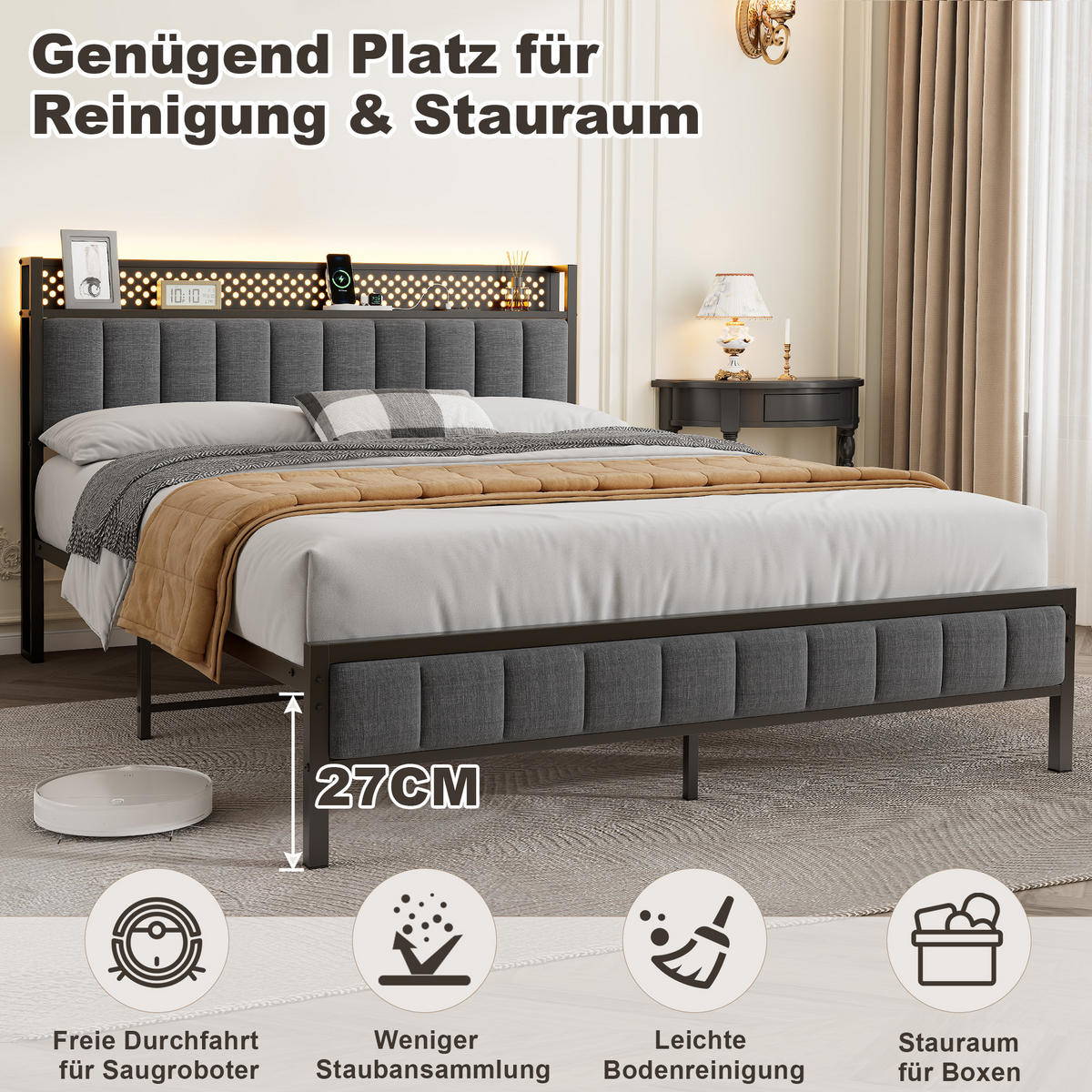 METALLBETT 140/200 cm in Schwarz mit USB-Anschlüssen und Stauraum - Schwarz, Metall (140/200cm) - OKMYHOME