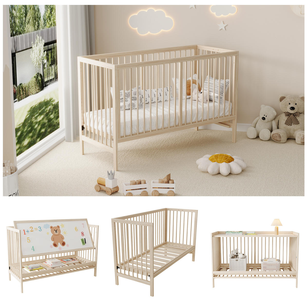 BABYBETT 140x60x90cm Natur Fichte Höhenverstellbar umwandelbar - Naturfarben, Holz - FLIEKS