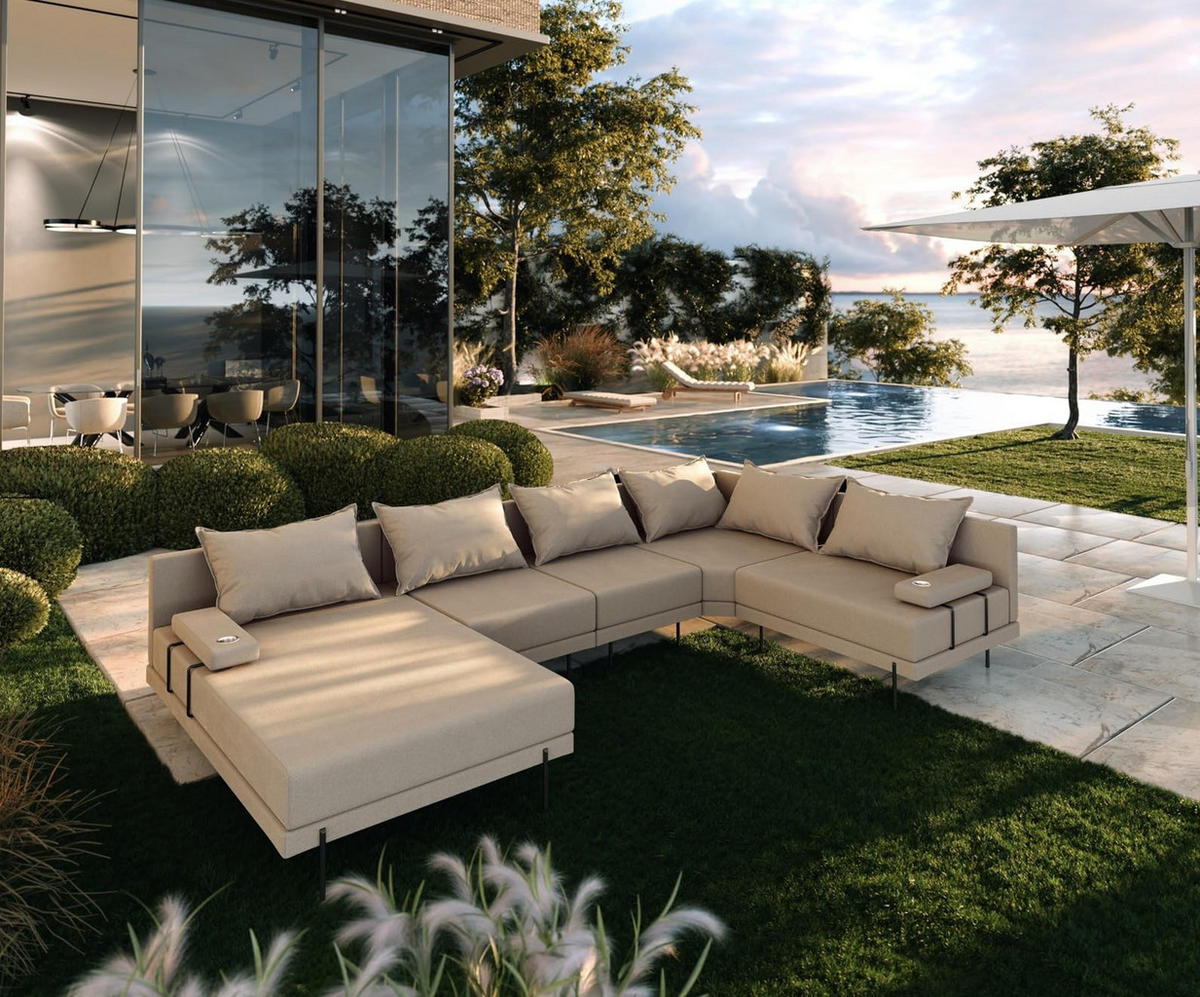 GARTENSOFA BAHAMA XL Rechts - Wetterfeste Balkonmöbel & Terrassenmöbel Außen - Moderne Lounge Möbel für Garten - Balkon & Terrasse - Beige - Beige, Kunststoff (370/75/222cm) - Trada