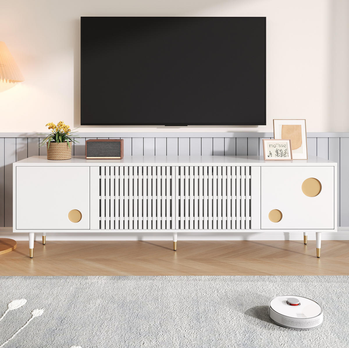 TV-SCHRANK in Weiß mit 4 Türen, Gitterfront und Goldakzenten 170/36/54 cm - Weiß, Holzwerkstoff (170/54/36cm) - Redom