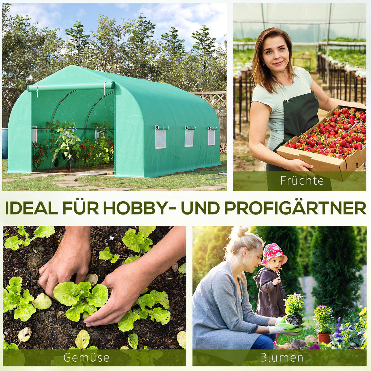 FOLIENGEWÄCHSHAUS, Grün, Eisenrohr, PE - Grün, Kunststoff (300/205/450cm) - Outsunny