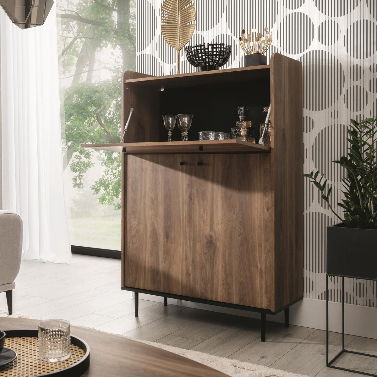 HIGHBOARD Nero KB90 90/45/140 mit Barschrank - Hellbraun/Schwarz, Holzwerkstoff/Metall (90/140/45cm) - Ravio