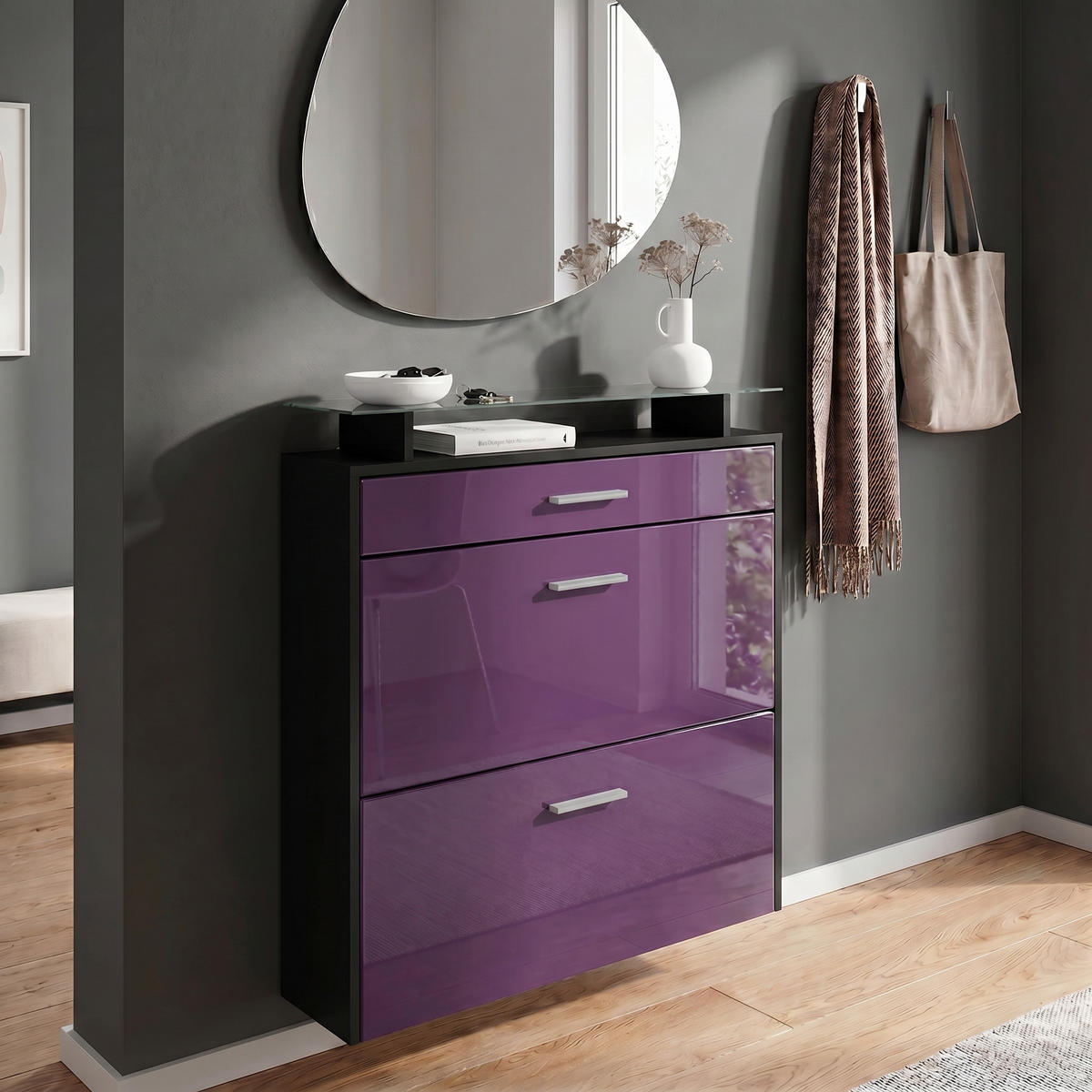 SCHUHSCHRANK Malea Front in Brombeer Hochglanz - Brombeere, Holzwerkstoff (89/96/23cm) - Vladon