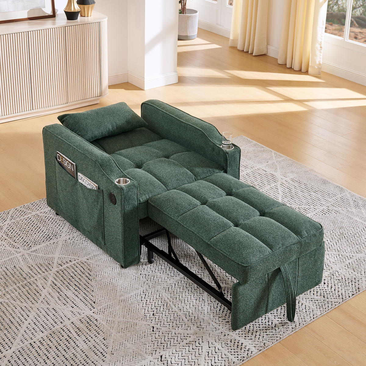 RELAXSESSEL 190/85/86 cm Grün mit USB-/Typ-C-Anschluss und Seitentasche - Grün, Textil (190/86/85cm) - Oxeza