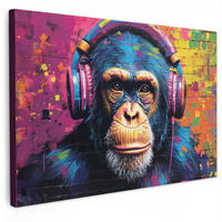 LEINWANDBILD Graffiti - Schimpanse - Straßenkunst - Kopfhörer - Affe Gemälde 60x40 cm - Blau, Textil (60/40cm) - MuchoWow
