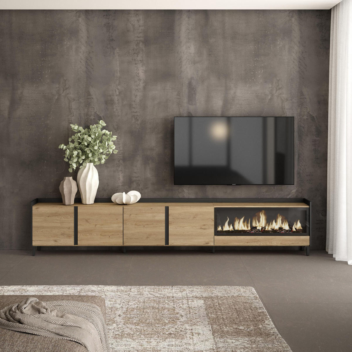 LOWBOARD, Eiche und Schwarz, 315/35/61cm, Kamin mit Feuereffekt XXL - Eichefarben, Holzwerkstoff (315/61/35cm) - Skraut Home