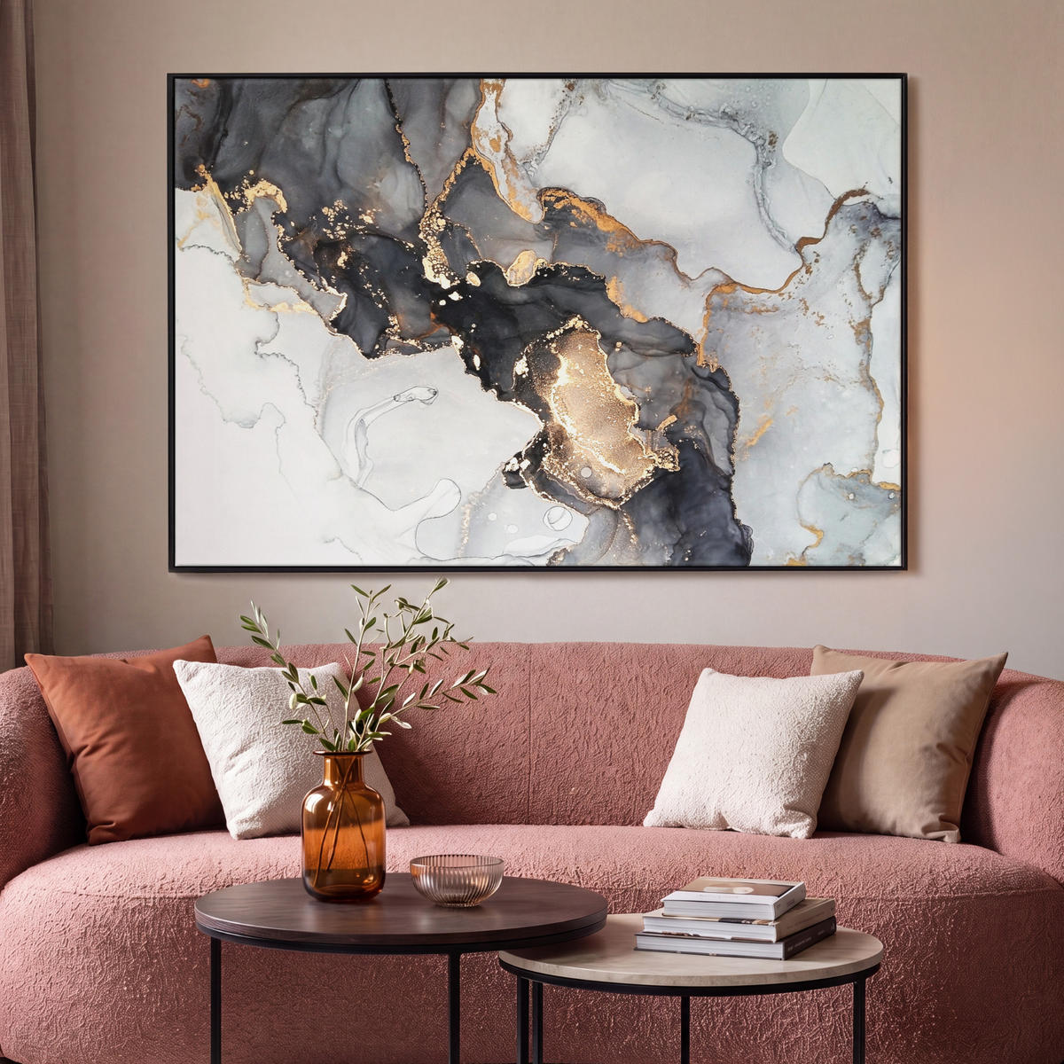 LEINWAND Bilder mit Rahmen - Marmor - Schwarz - Weiß - Gold - Luxus - Abstrakt - 120x80 - Goldfarben, Textil (120/80cm) - MuchoWow