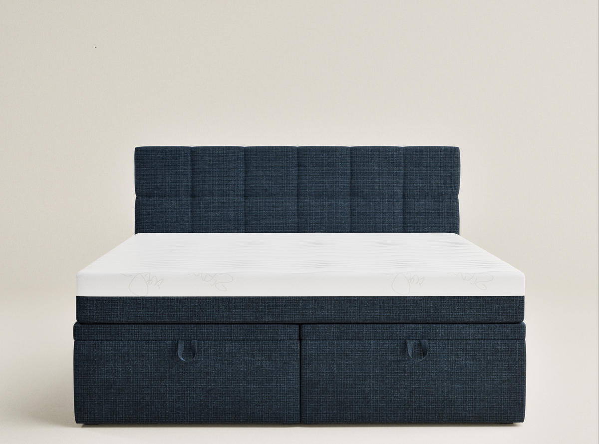 BOXBETT 160/200 cm Gotu S, in Marineblau, Matratze, gepolstertes Kopfteil, Bettkasten, H3 = fest - Schwarz/Dunkelblau, Holz/Holzwerkstoff (160/200cm) - Maison de Reve