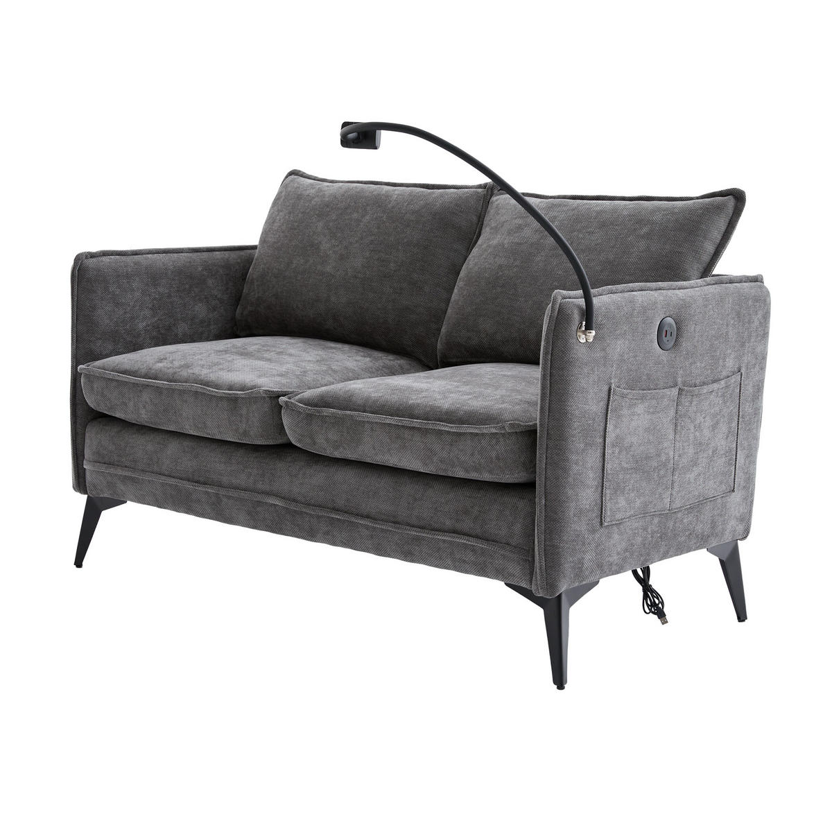 SOFA 2-Sitzer Grau Stoff mit Handy-Halterung & doppelten Ablagefächern 127/69/66 cm - Grau, Textil (127/66/69cm) - OKWISH