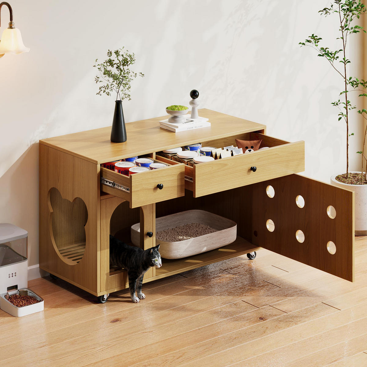 SIDEBOARD Naturgarben aus MDF 100×45×66cm als Katzenkloschrank mit Sandauffangplatte und Schubladen - Naturfarben, Holzwerkstoff (45/66/10cm) - Luhomfu