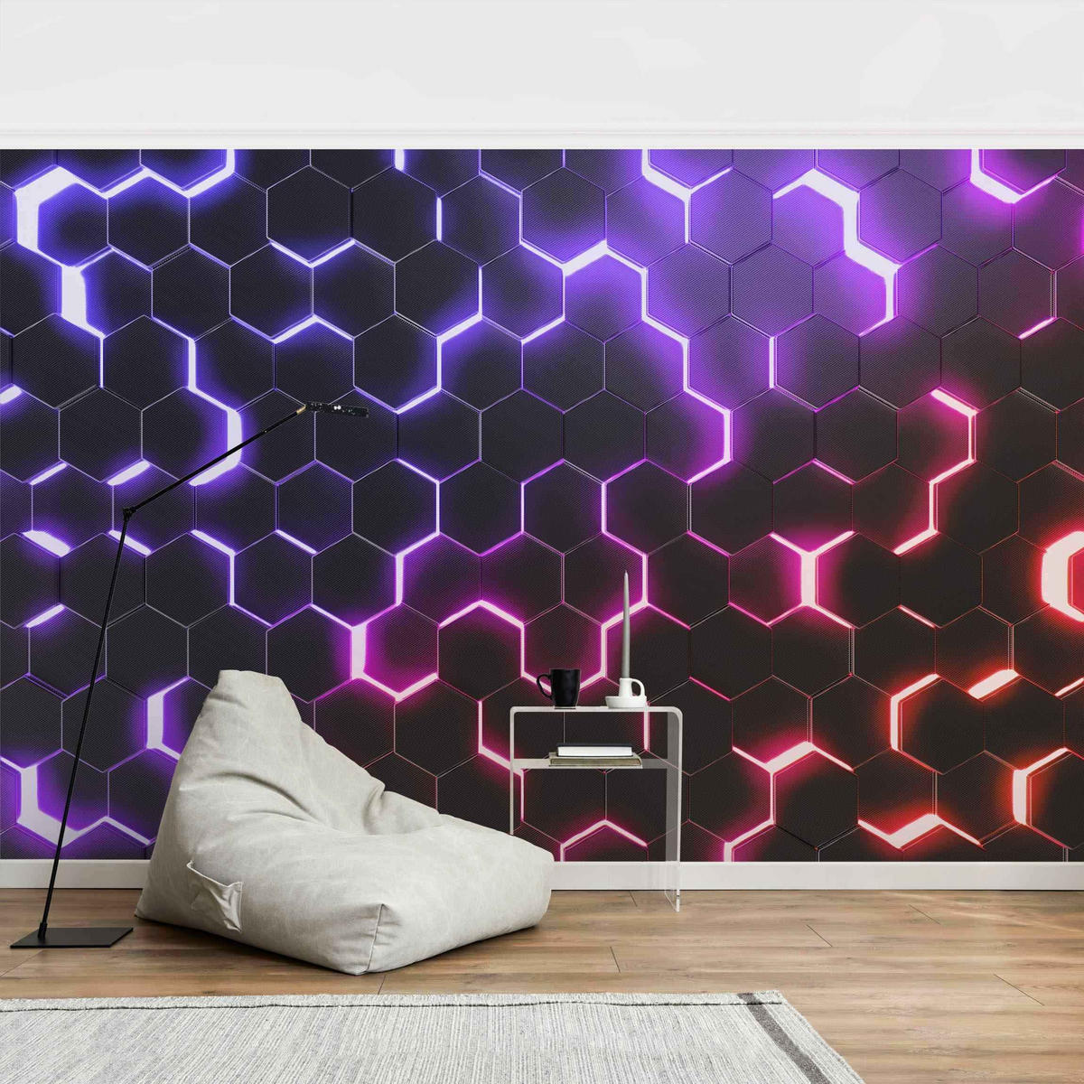 FOTOTAPETE Strukturierte Hexagone mit Neonlicht in Rosa und Lila 432/290 cm - Schwarz, Papier (432/290cm) - Bilderwelten
