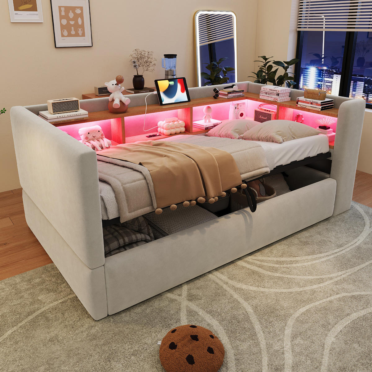 POLSTERBETT 90/190 cm aus Flanell mit LED und Steckdosen, Hellgrau - Hellgrau, Textil (90/190cm) - OKMYHOME
