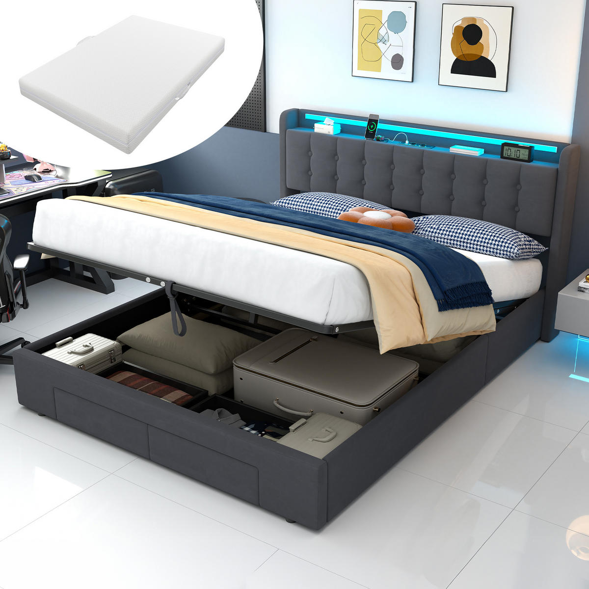 POLSTERBETT 160/200 cm Dunkelgrau aus Samt mit Schubladen, LED-Beleuchtung und USB-Anschluss - Grau, Holzwerkstoff (160/200cm) - OKMYHOME
