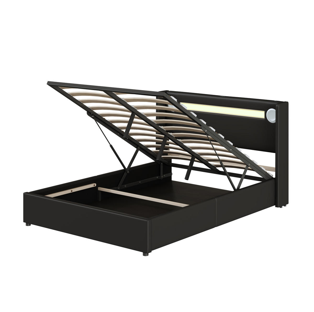 POLSTERBETT 140/200 cm Schwarz mit LED-Beleuchtung und Bluetooth-Player - Schwarz, Kunststoff (140/200cm) - OKWISH
