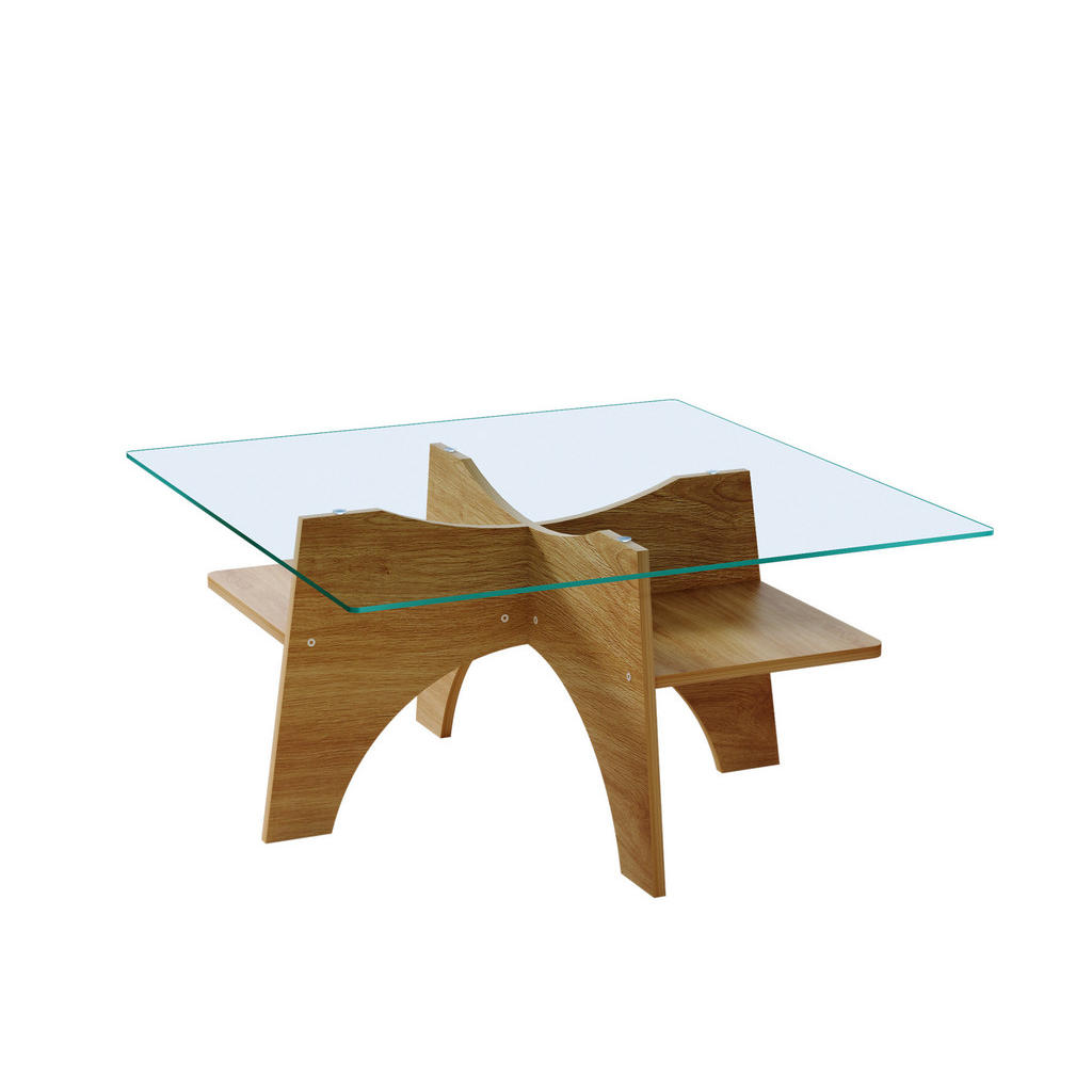 Modfu ODKLÁDACÍ stolek z MDF a skla 80x80x40 cm transparentní/světlé dřevo s odkládací přihrádkou a stabilní konstrukcí