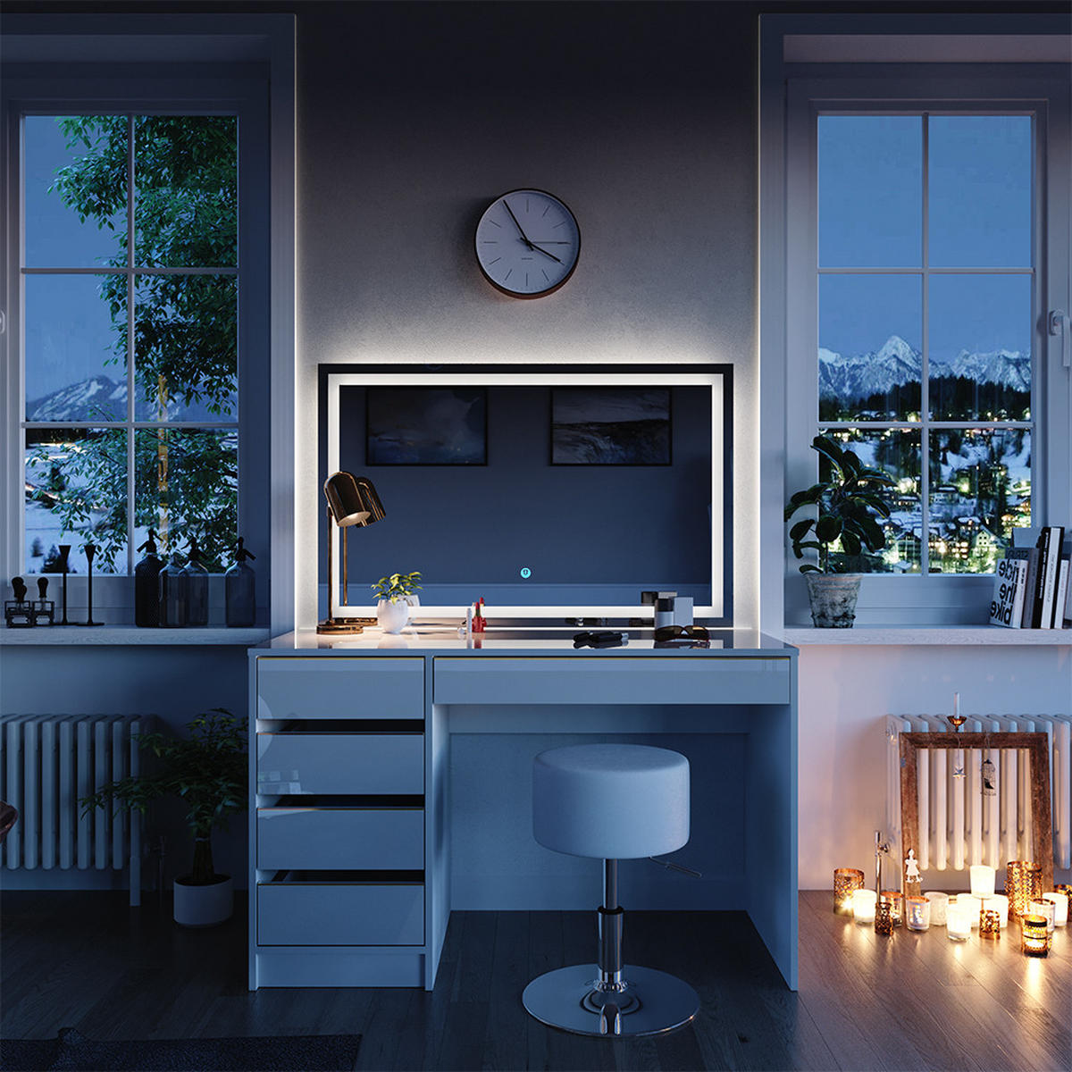 SCHMINKTISCH Sherry Weiß/Gold 120 cm mit LED-Spiegel und Hocker - Goldfarben/Weiß, Holzwerkstoff (120/75/55cm) - Vicco