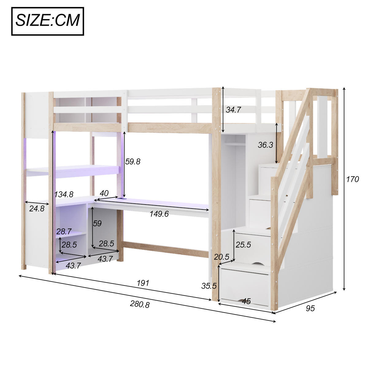 HOCHBETT 90/200 cm DE-01514, in Holzfarbe & Weiß, mit Kleiderschrank, Schreibtisch und LED-Lichtleiste - Naturfarben, Holz (90/200cm) - ComfortXL