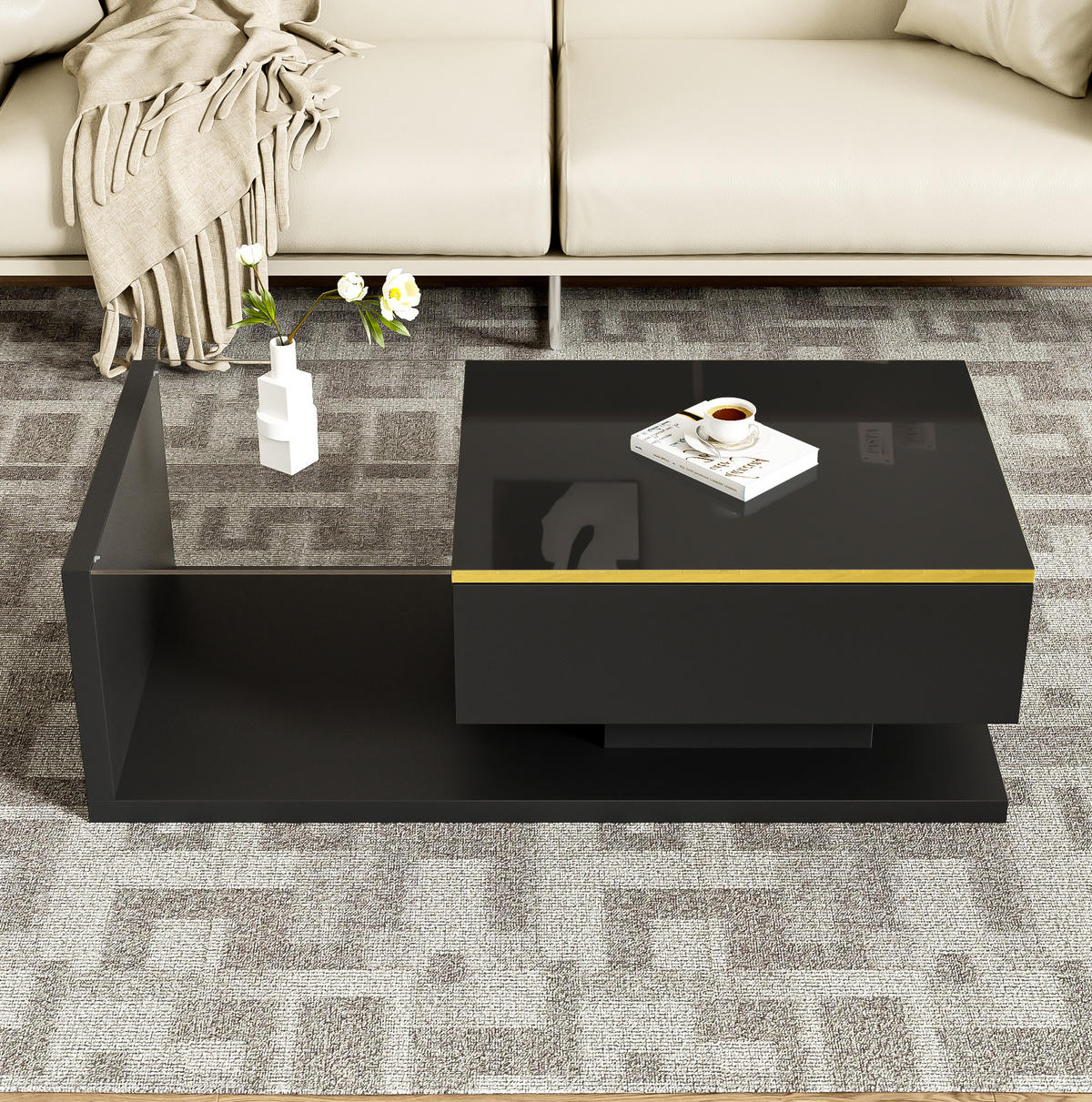 COUCHTISCH 100/50 cm Schwarz aus Spanplatte mit Glas und LED-Beleuchtung - Schwarz, Holzwerkstoff (100/50/32.5cm) - OKMYHOME