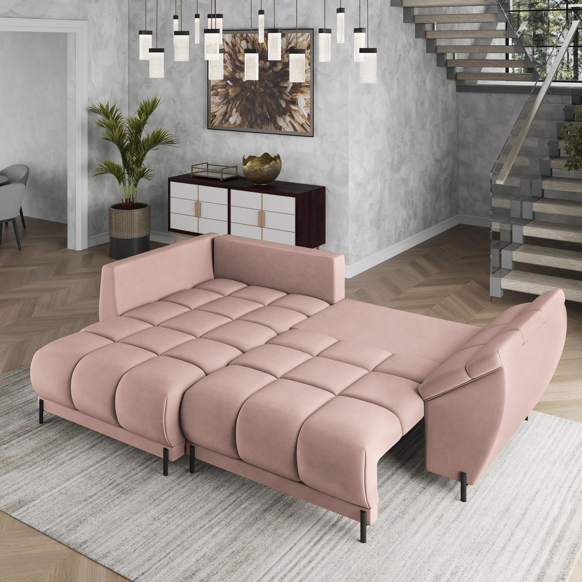 ECKSOFA VESTANO L-S Rosa Velours-Stoff mit Schlaffunktion - Rosa, Holz (287/182cm) - MASSENO