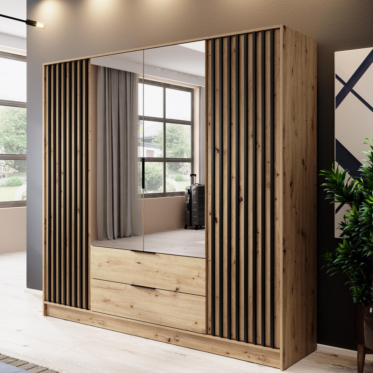KLEIDERSCHRANK Stilo in Eiche Artisan, viertürig, mit Spiegel und Lamellen an der Front - Schwarz/Eiche Artisan, Holzwerkstoff/Kunststoff (206/200/51cm) - Ravio