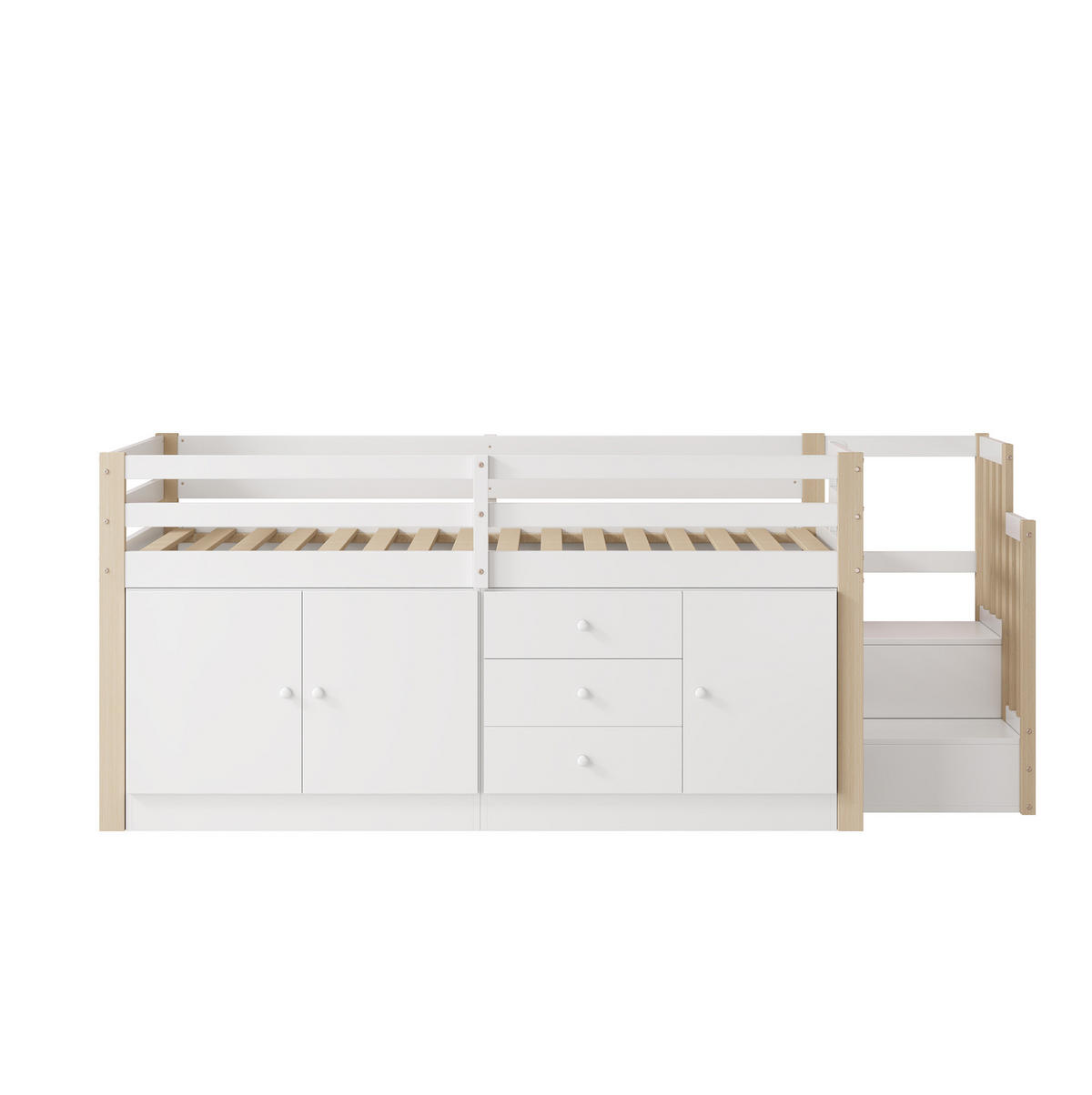 VISOKA postelja 90/200 cm bela z lestvenimi stopnicami, predali in omarama iz MDF - bela, leseni material (90/200cm) - OKWISH